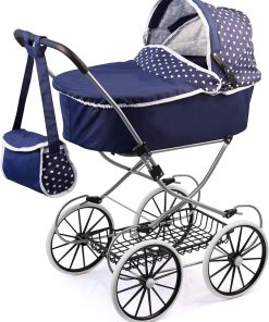 Bayer Design Dolls: Classic Deluxe Pram – Blue &White – Includes Shoulder Bag, Kids Pretend Play, Fits Dolls Up to 18″, Shopping Basket, Easy to Fold, Ages 3+