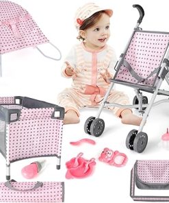 deAO Baby Doll Stroller Crib Bed Nursery Role Play Set Baby Doll with Accessories and Play Mat,Travel Cot,Bouncer,Foldable Stroller and Travel Bag Gifts for Toddlers Girls Boys 2