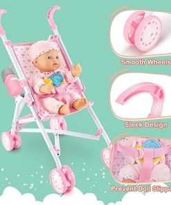 deAO Baby Doll Stroller Set with 13 inch Doll,Kids Play Stroller Toys,13″ Baby Doll Set with Foldable Doll Stroller,18 PCS Baby Doll Accessories with 2 Sets Doll Clothes 2