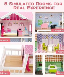 Costzon Wooden Dollhouse for Kids, 3-Story Semi-Open Doll House with 5 Rooms & 10 Pieces Furniture Set, Working Elevator, Rotatable Stair, DIY Pretend Play Dollhouse Toy, Gift for Girls & Boys (Pink) 2