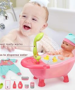 deAO Baby Doll Set, 25 PCS Baby Doll Accessories with High Chair, Bath, Crib, Feeding Accessories 14″ Pretend Play Baby Dolls Toys Gift for Girls 2