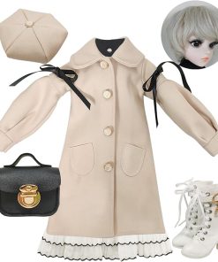 Proudoll 1/3 BJD Doll Clothes Outfit Set – Handcrafted Stylish Beige Coat, Beret, Dress, Wig, Leather Bag and Boots, Compatible with 1/3 60cm 24in SD Dolls