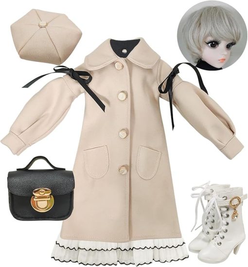 Proudoll 1/3 BJD Doll Clothes Outfit Set - Handcrafted Stylish Beige Coat, Beret, Dress, Wig, Leather Bag and Boots, Compatible with 1/3 60cm 24in SD Dolls