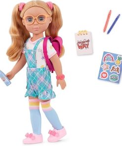 Glitter Girls – 14-Inch Fashion Doll – Green Eyes & Blonde Hair – Backpack, Glasses, & School Accessories – Plaid Overalls & Pink Shoes – 3 Years + – Liddy
