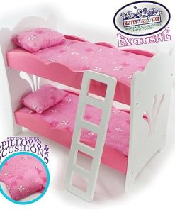 Matty’s Toy Stop 18 Inch Doll Furniture Pink/White Wooden Bunk Beds with 2 Pillows, 2 Cushions & Ladder – Fits American Girl Dolls 2