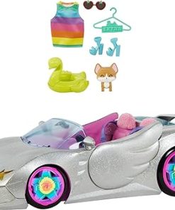 Barbie Extra Toy Car with Fashion Accessories & Puppy, Sparkly Silver 2-Seater Convertible with Hood Storage & Pet Pool, Sized for Fashion Dolls