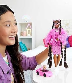 Barbie Extra Doll & Accessories with Long Brunette Styled Hair in Pink 2-Piece Outfit with Sparkly Jacket & Pet Puppy 2
