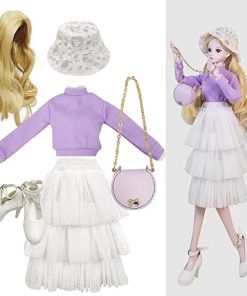 Proudoll 1/3 BJD Doll Clothes Outfit Set – Handcrafted Stylish Purple Long-Sleeve Shirt, Layered Skirt, Hat, Wig, Crossbody Bag and High Heel, Compatible with 1/3 60cm 24in SD Dolls