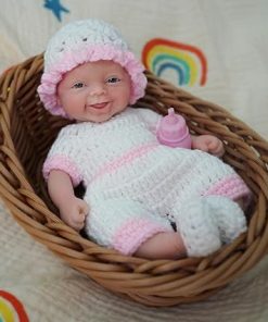 Miniature Reborn Baby Doll Silicone Full Body 7″ Realistic Newborn Doll Micro Lifelike Eyes Open Smile Baby Girl with Clothes and Feeding Toy Accessories