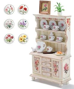 Vintage Hutch in 1:12 Scale with Miniature Ceramic Tea Set and Accessories, Handcrafted Dollhouse Antique Wooden Kitchen Cupboard, Classic Bookshelf with Porcelain Plates (Rose)