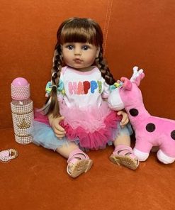 Reborn Baby Dolls 22 inch Baby Reborn Toddler Lifelike Baby Dolls Realistic Reborn Doll Long Brown Hair Pink Giraffe Toy Accessories for Collectors
