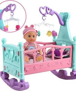 deAO 12” Baby Doll Play Set with Crib, Mobile, High Chair Feeding Accessories, Interactive Dolls for Girls Kids Pretend Play Baby Dolls 21 PCS 2