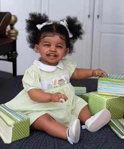 Wamdoll 24Inches Sweet Smiling Rooted Curly Hair Lifelike Reborn Baby Girl Dolls That Look Real and Feel Real, Realistic Newborn Toddler Collectible Art Doll in Dark Brown Skin 2