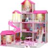 Dollhouse Play House for Dream Girls with Lights & Two Dolls & Furniture Accessories, 11 Room Cottage, Pink, 27.6″ x 27.6″ x 35.8″
