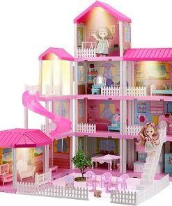 Dollhouse Play House for Dream Girls with Lights & Two Dolls & Furniture Accessories, 11 Room Cottage, Pink, 27.6″ x 27.6″ x 35.8″