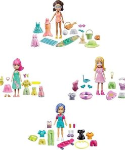 Polly Pocket Travel Toy Playset with 4 (3-inch) Dolls & 50+ Fashion Accessories, Splashin’ Style Fashion Pack