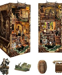 DIY Book Nook Kit, 3D Wooden Puzzle Dollhouse Miniature Booknook Kit Decorative Bookend Bookshelf Alley Decor for Adults Teens Boys(New World Ship)