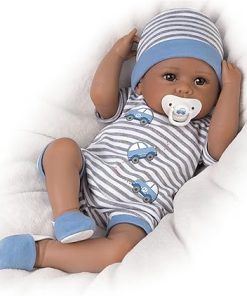 The Ashton-Drake Galleries So Truly Real Interactive Baby Doll by Linda Murray, 17 inches, Touch Activated Heartbeat and Cooing, Comes with Magnetic Pacifier (Blue)