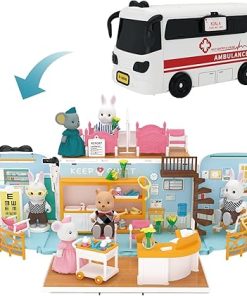 Dollhouse Playset for Girls – Kids Pretend Play Doll House Toy Doctor Kit Hospital Accessories, Portable Critter Doll Ambulance Bus Toys for Toddlers Boys Girls Birthday Gifts 3 4 5 6 Year Old