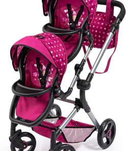 Bayer Design Dolls: Pram Neo Twin – Hot Pink & Polka Dots, Fairy – Seats 2 Dolls Up to 18″, Shoulder Bag, Adjustable Handle, Foldable, Kids Ages 3+
