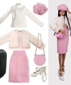 Proudoll 1/3 BJD Doll Clothes Outfit Set – Handcrafted Stylish Fuzzy Bear Jacket, Beret, Pink Dress, Long-Sleeve Shirt, Wig, Leather Bag & High Heels, Compatible with 1/3 60cm 24in SD Dolls