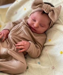 Cuddly Lifelike Reborn Baby Dolls Girl 19 Inch Realistic Adorable Newborn Babies Asleep Preemie Real Life That Look Real Handmade Soft Cloth Body Khaki Clothes Set 2