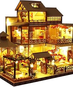 Roroom DIY Miniature and Furniture Dollhouse Kit,Mini 3D Wooden Doll House Craft Model with LED and Music Movement,Creative Room Idea for Valentine’s Day Birthday Gift（Ya Quan Court
