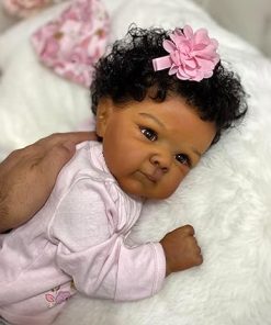Pinky Lifelike Black Reborn Baby Dolls 18 inch – 18 inch 46cm Weighted Body Mixed Race Realistic Newborn Baby Doll with Hair African American Real Life Baby Dolls Cloth Body Toy for Kids Age 3+ (Pink) 2