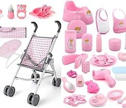 deAO Baby Doll Stroller Crib Bed Nursery Role Play Set Baby Doll with Accessories and Play Mat,Travel Cot,Bouncer,Foldable Stroller and Travel Bag Gifts for Toddlers Girls Boys
