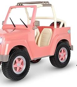 Our Generation OG Off Roader – 4×4 Vehicle Playset for 18-inch Dolls, Beach Themed Vehicle Featuring Surfboard, Salmon Pink Car, Working Lights, Wipers, Speakers, Realistic Play