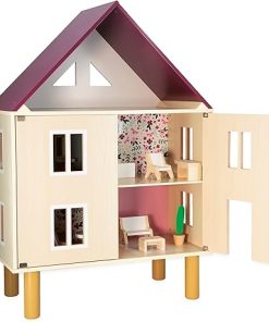 Janod Twist My First Doll House – 30” Dollhouse with Hinged Front and Wooden Legs – Includes 11 Pieces of Furniture – Compatible with Most 4.5” Dolls – Pretend Play Set – Ages 3-8 Years – J06617