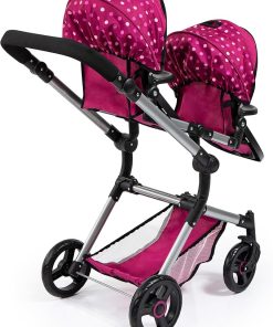 Bayer Design Dolls: Pram Neo Twin – Hot Pink & Polka Dots, Fairy – Seats 2 Dolls Up to 18″, Shoulder Bag, Adjustable Handle, Foldable, Kids Ages 3+ 2