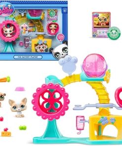 Bandai Littlest Pet Shop Fun Factory Playset LPS Playset with 2 Exclusive Pet Mini Figures 10 Accessories 1 Collector Card and Virtual Codes Animal Collectable Kids Toys for Girls and Boys, BF00519