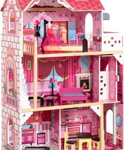 Pink Doll House, Wooden Kids Dollhouse with Balcony & Stairs, Accessories & Furniture Included, Large 3-Story Easy to Assemble Doll House Toy, Gift for Toddler Boys Girls