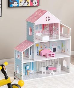 Costzon Wooden Dollhouse, 3-Story Pretend Play Doll House with Living Room Bedroom Bathroom Furniture and Accessories, 31.5 Inch High Doll House for Little Girls, Gift for Ages 3+ 2