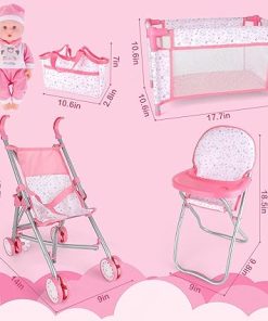 deAO Baby Doll Stroller Crib Bed Nursery Role Play Set Baby Doll Accessories and Play Mat,Travel Cot,Bouncer,Foldable Stroller and Travel Bag Birthday for Girls Boys Kids 2