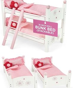 Emily Rose Doll Clothes 18 inch Doll Wooden Bunk Bed Furniture Gift Set for Girls | Stackable Bed Bunkbed, with (2) 4- PC Bedding Accessories | Toy Playsets Compatible with 14″-19″ Dolls
