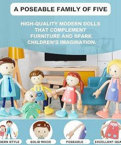 Wooden Dollhouse Furniture Set, 43 Doll House Furniture and Accessories sete with 5 Family Dolls, Miniature Doll House Furniture Toys Pretend Play Gift for Girls Boys 2