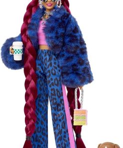 Barbie Extra Doll and Accessories with Burgundy Braids Dressed in Furry Jacket with Pet Puppy