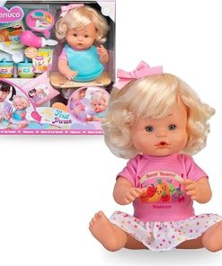 My First Porridge, 35 cm Baby Doll and Hard Body with Blonde Hair and Accessories, Prepare the Food and Give Her First Porridge with her Baby Spoon, Children +3 Years, Famous (NFN96000)