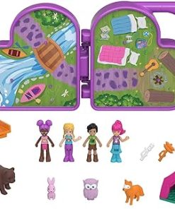 Polly Pocket Polly & Friends Pack, Animal Campout Theme, Heart-Shaped Case, Scenic Backdrop, 4 Micro Dolls, 10 Accessories, Great Gift for Ages 4 Years Old & Up 2