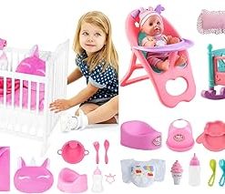 deAO 12” Baby Doll Play Set with Crib, Mobile, High Chair Feeding Accessories, Interactive Dolls for Girls Kids Pretend Play Baby Dolls 21 PCS
