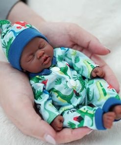 7 Inch Reborn Baby Doll Silicone Full Body Miniature Realistic Newborn Doll Lifelike Sleeping Black Boy Baby Looks Like Real Doll with Clothes and Feeding Toy Accessories 2
