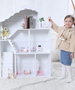 Dollhouse Bookshelf, Wooden Kids Bookshelve Children Doll House Toy Storage 3-Tier Bookcase for Books Gift for Girls Ages 3-7+ 2