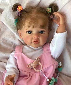 Pinky Reborn Newborn Baby Dolls Girl 22 Inch 55cm,Realistic Newborn Dolls Handmade Brown Curly Hair Big Eyes Handmade Reborn Dolls for Children Playmate 2