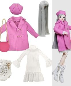 Proudoll 1/3 BJD Doll Outfit Set – Handcrafted Stylish Rose Red Coat, Beret, Dress, Wig, Leather Bag & Boots, Compatible with 1/3 60cm 24in SD Dolls