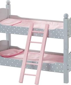 Olivia’s Little World 18 in. Doll Wooden Convertible Bunk Bed Stacked on Top or Unstacked as Two Single Beds, Gray with White Polka Dots and Pink Accents
