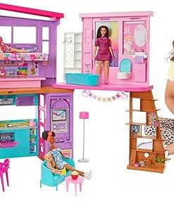 Barbie Vacation House, 2-Storey Fully-Furnished Barbie House with 6 Play Areas, Swing Chair Elevator, 30 Accessories, Fold and Store, Toys for Ages 3 and Up, One Toy House, HCD50 2