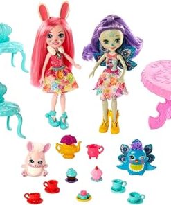 Mattel Enchantimals Tasty Tea Party Playset with Bree Bunny, Patter Peacock Dolls (6-inch), and Animal Friend Figures, with Table, 2 Benches, and 15+ Accessories, Great Gift for 3 – 8 Year Olds 2