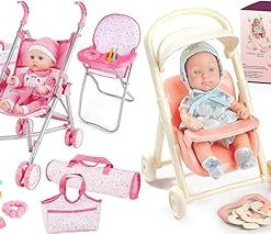 deAO Baby Doll Stroller Crib Bed Nursery Role Play Set Baby Doll Accessories and Play Mat,Travel Cot,Bouncer,Foldable Stroller and Travel Bag Birthday for Girls Boys Kids